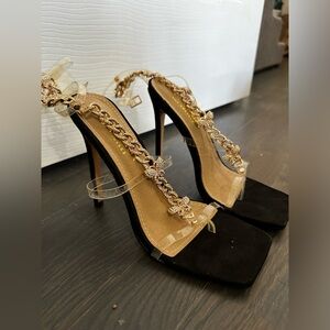 Fashion Nova S6 dressy black heels with gold rhinestone straps butterfly charms